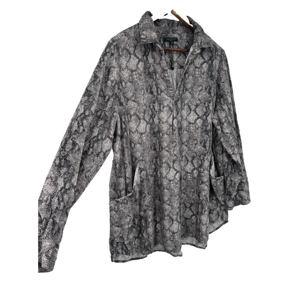 For Cynthia Linen Tunic Top Plus Size 1X Gray Snake Skin Lagenlook Artsy pockets